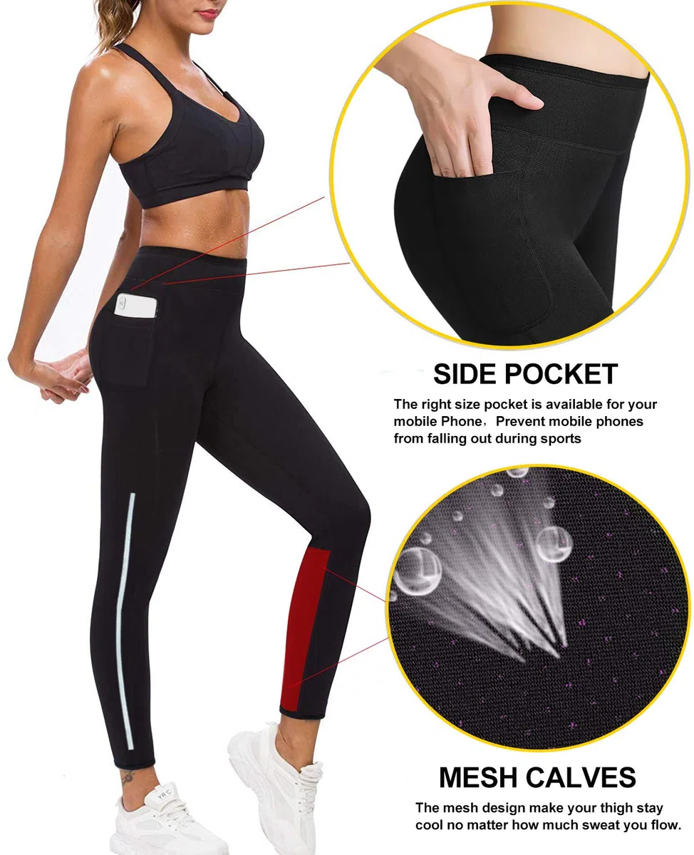 Sudation Pantalon Amincissante Ventre Plat Maigrir Leggings Poches Sauna Suit Entraînement en Néoprène Formateur Shaper Exercice Fitness Gym Yoga Sport Femme