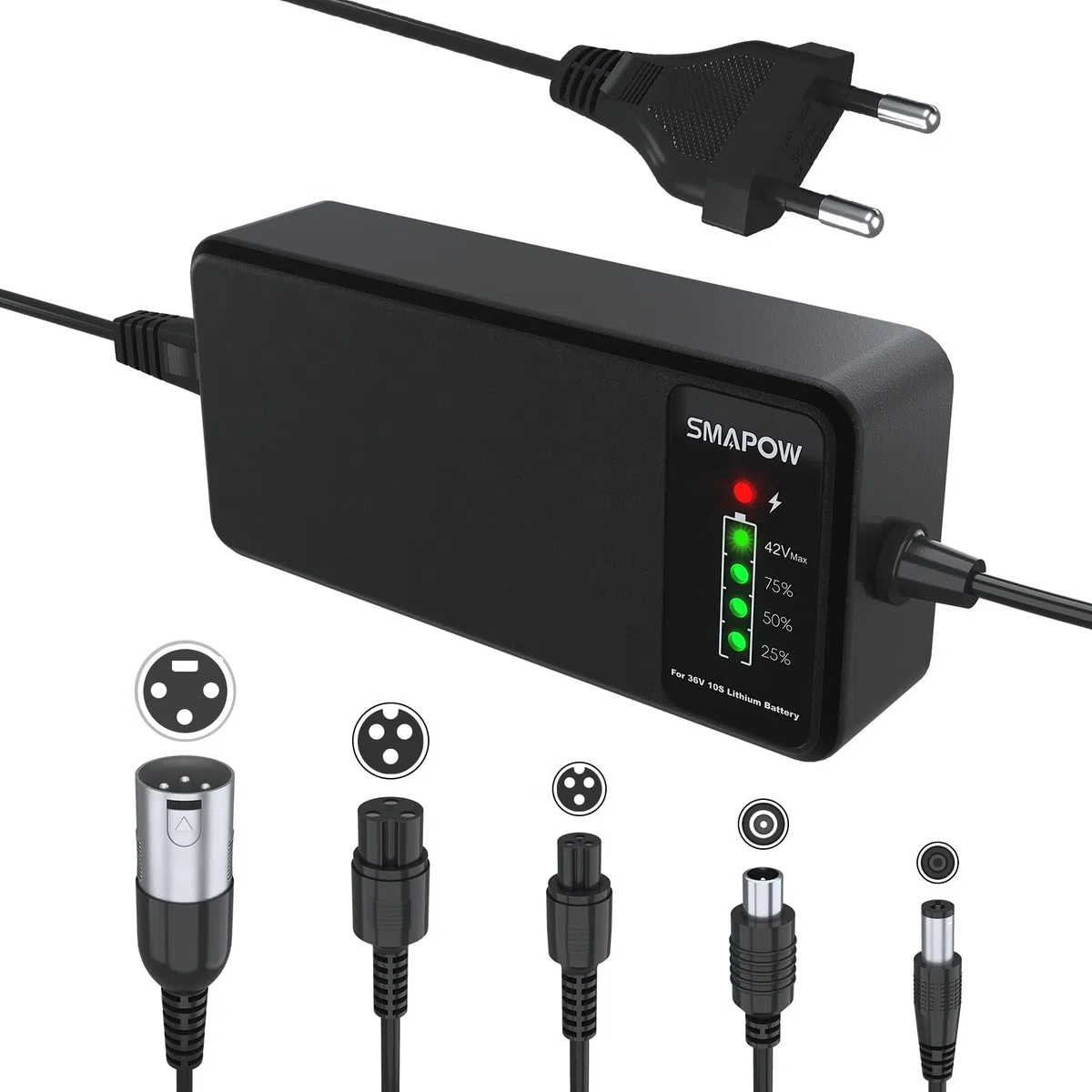 Chargeur Intelligent 42V pour Trottinette Électrique -2A, 5 Connecteurs | SMAPOW – Maximise capacité & cycles– Chargeur Compatible avec 99% des trottinettes 36V lithium : Xiaomi, Ninebot et plus