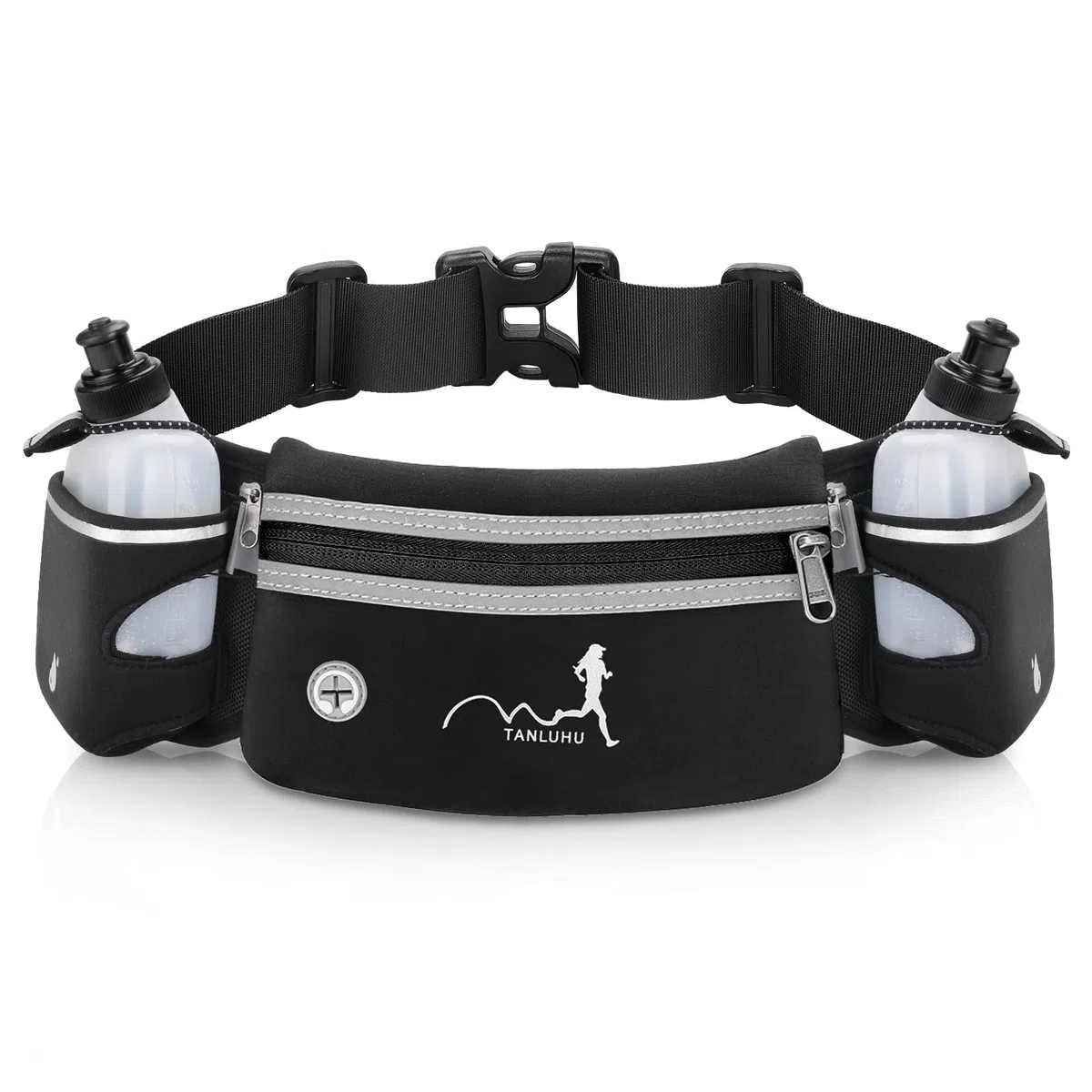 Ceinture de Course Running Belt Sac Banane de Sport Ceinture d'hydratation avec 2 gourdes Sac de Taille réfléchissant pour Smartphones, clés pour Marathon, l'entraînement, la randonnée (Noir)