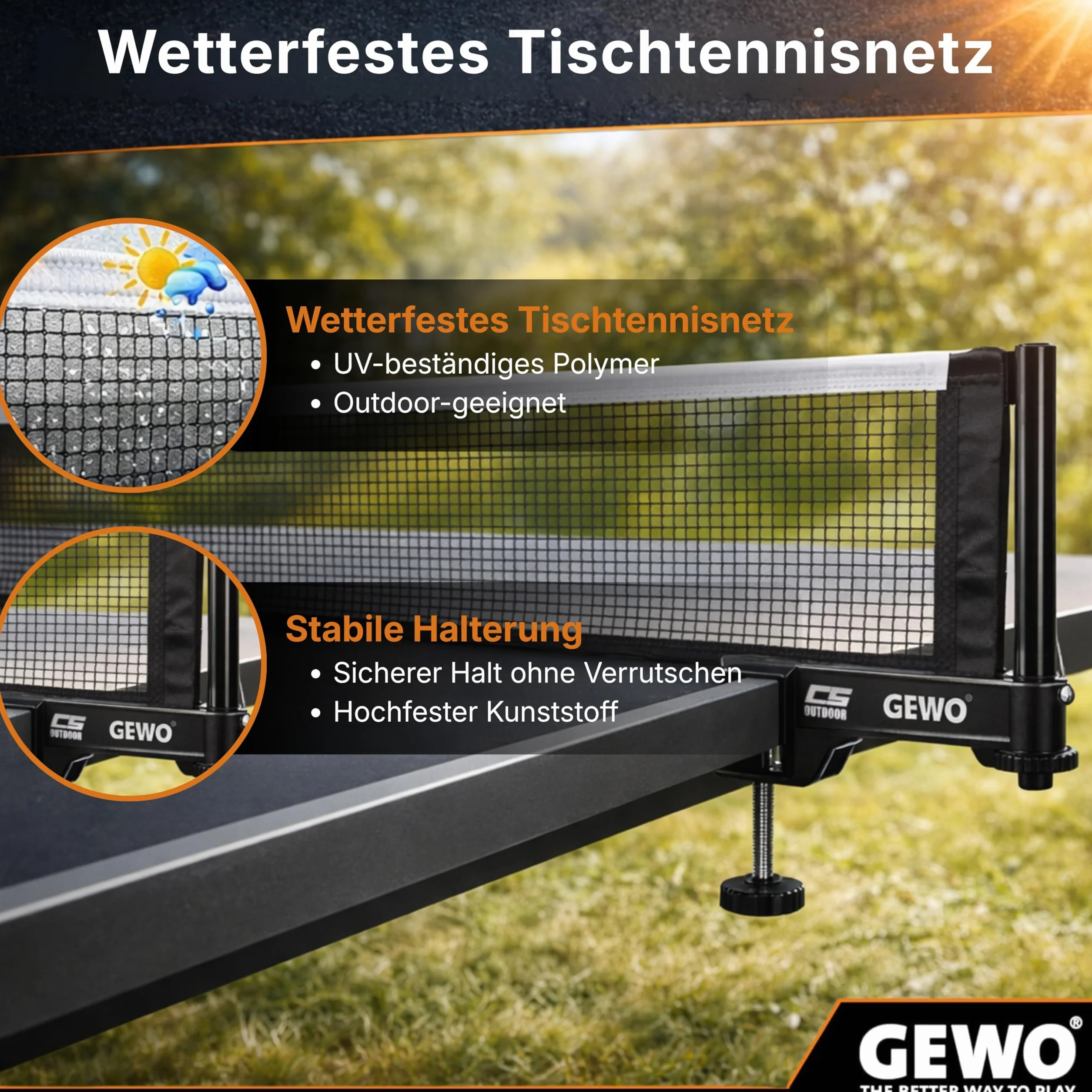 GEWO CS Outdoor Filet de ping-Pong - Filet de Tennis de Table résistant aux intempéries pour l'extérieur - Supports de Filet Robustes et vis de réglage de la Hauteur Pratique - Montage Facile - Fil