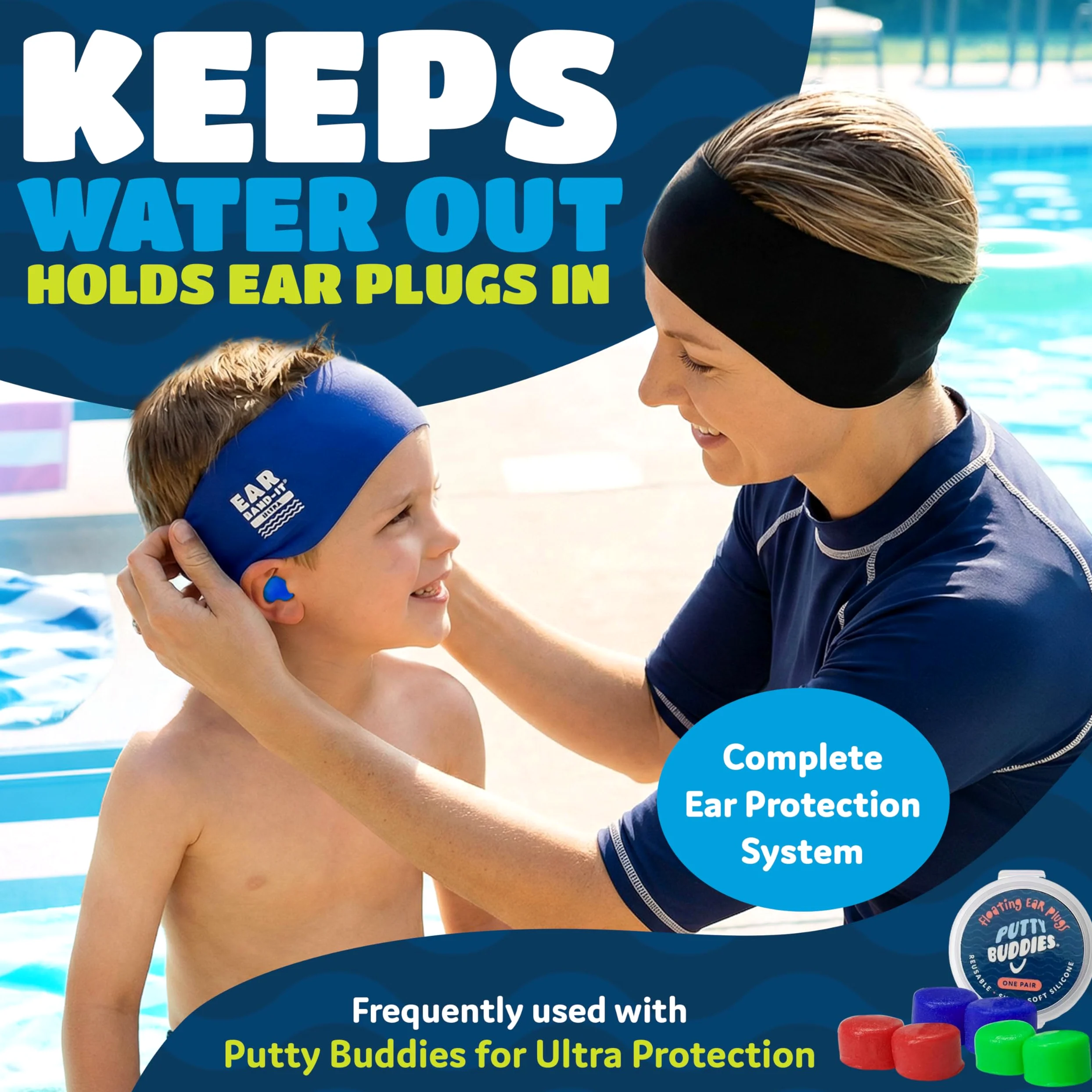 Ear Band-It Ultra Bandeau de natation (empêche l'eau d'entrer, tenir les bouchons d'oreille) Recommandé par les médecins Taille L (8 ans adultes) Tie Die Bleu