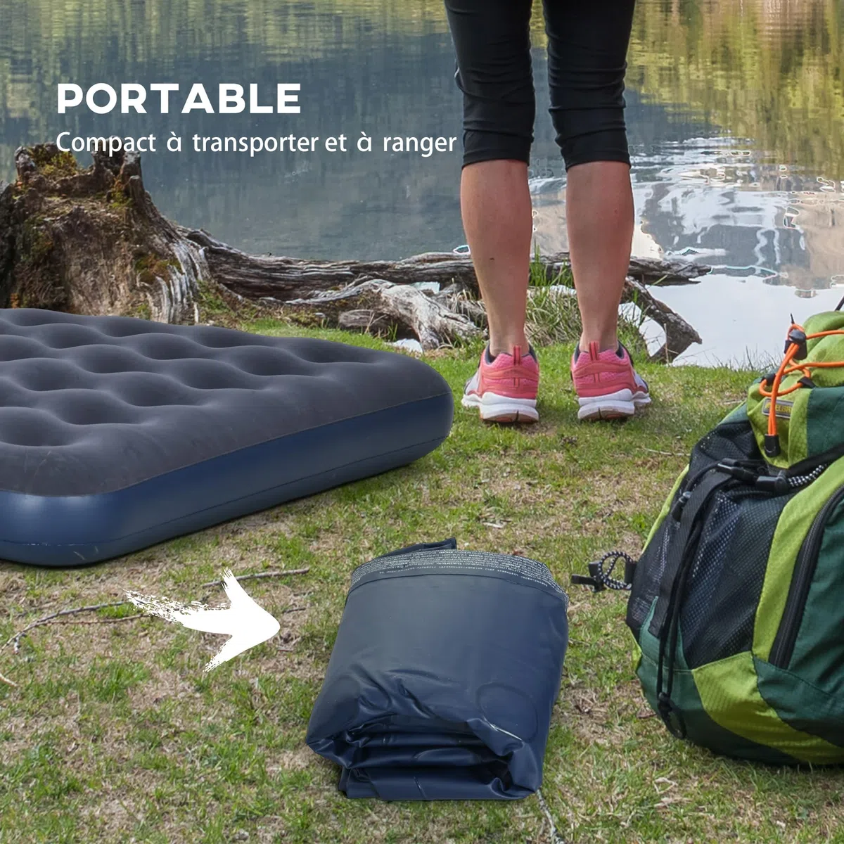 Outsunny Matelas Gonflable 2 Personnes Matelas pneumatique avec Pompe à Main intégrée, Surface floquée, pour Camping, Voyage - 203L x 152l x 22H cm, Bleu