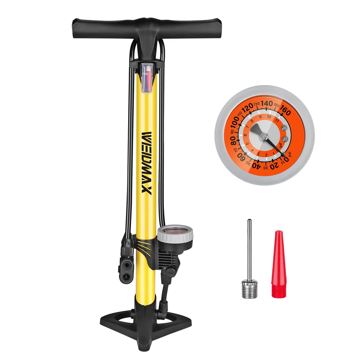 Pompe à vélo WEIDMAX, Pompe à Pied de vélo Ergonomique, gonfleur de Pneu de vélo, Pompe Portable avec manomètre Intelli et tête de Valve