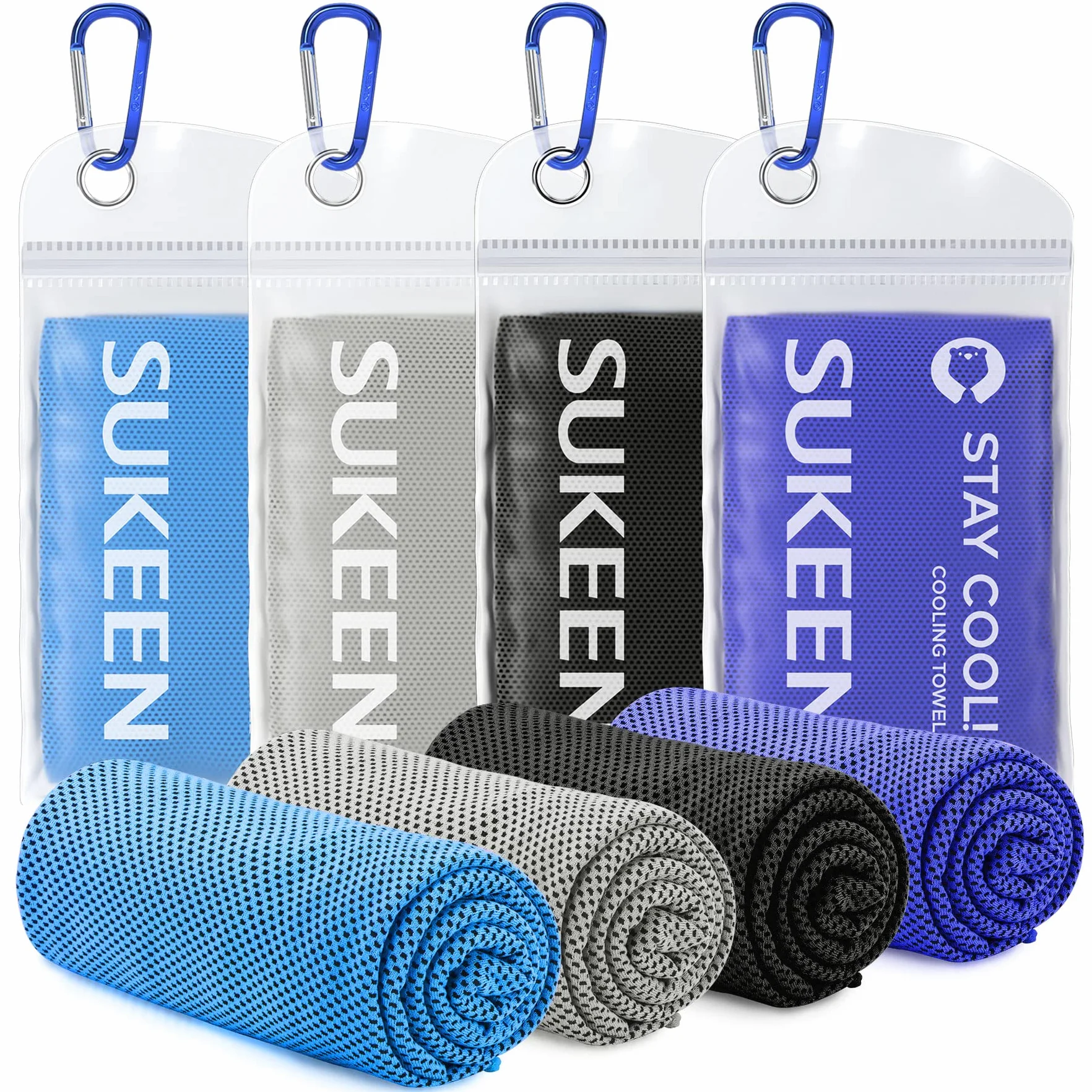 Sukeen Lot de 4 Serviettes rafraîchissantes, Douces et Respirantes pour Yoga, Sport, Course à Pied, Gym, entraînement, Camping, Fitness, entraînement et Autres activités