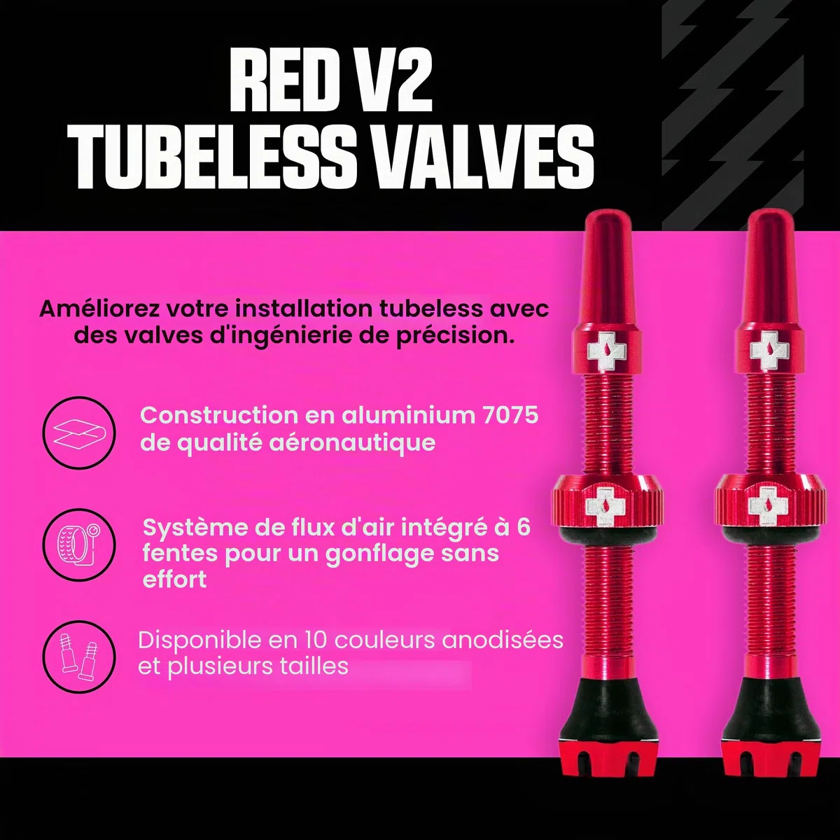 Muc-Off Valves Presta Tubeless - 44 mm - Valves de Vélo Anti-Fuite de Qualité Supérieure avec Outil Démonte-Obus de Valve Intégré - Rouge