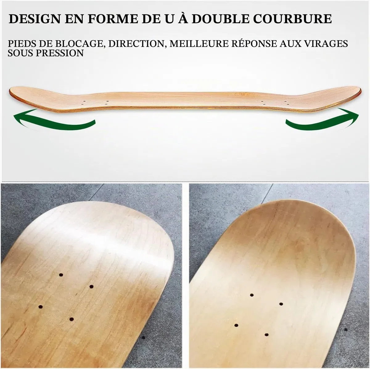 Lot de 2 planches de skateboard vierges en érable 7 couches Planche de skateboard naturelle pour l'art personnel, graffiti, peinture, etc. Skateboard double concave 79 x 20 cm