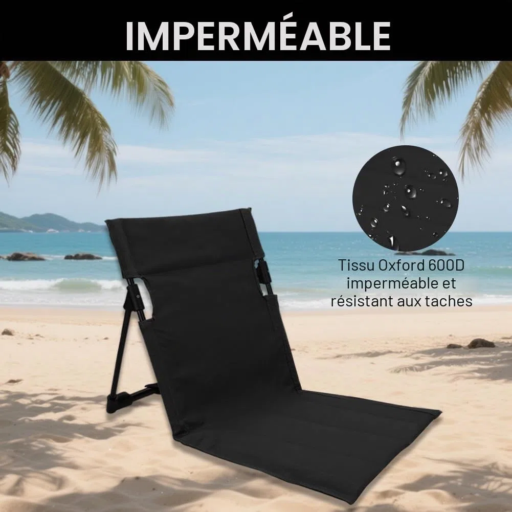 Chaise de sol avec dossier, natte de plage, fauteuil pliant, panier de plage, siège portable pour camping, pique-nique, activités de plein air, chaise de sol avec support (noir)
