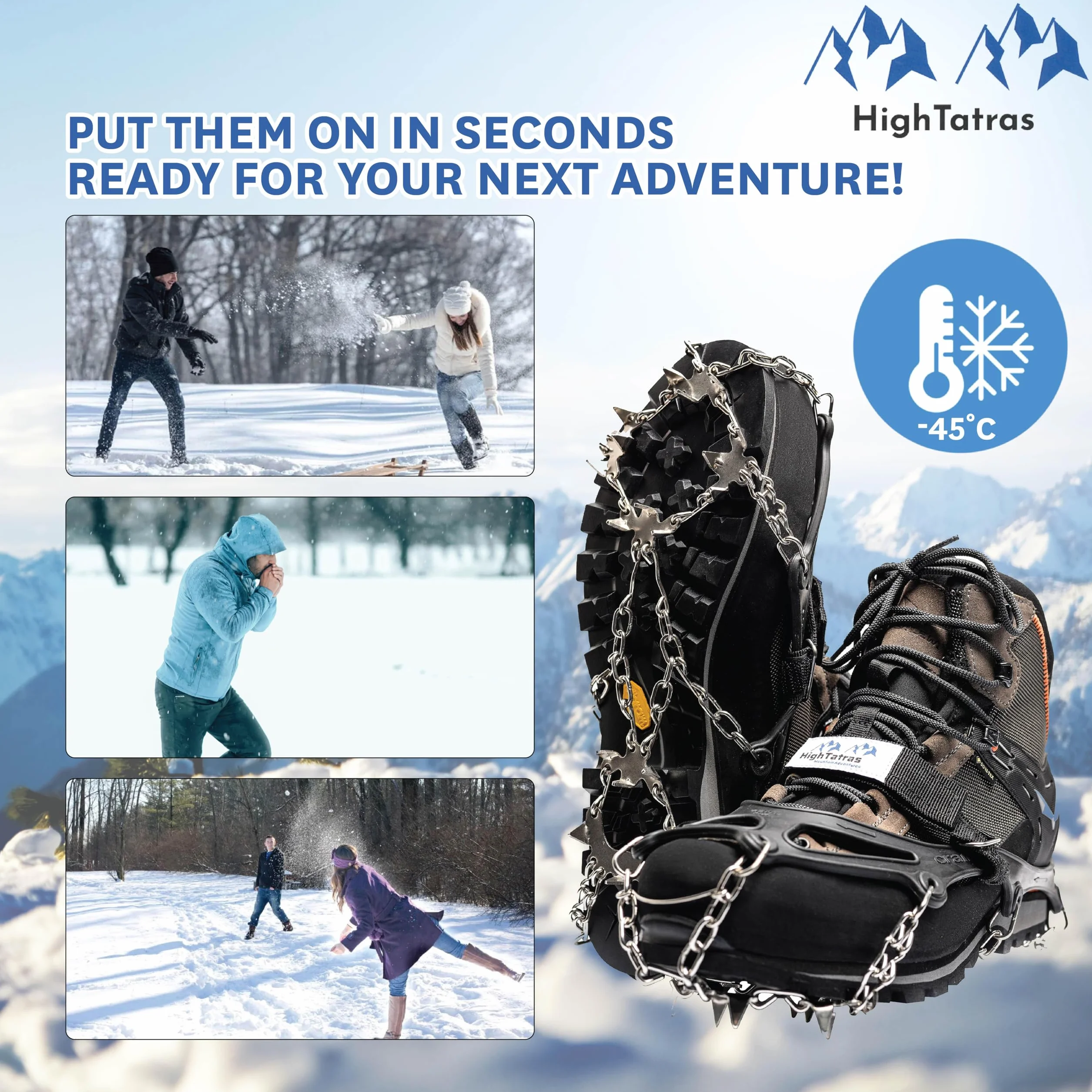 HighTatras Crampons Antidérapants 8 ou 18 Pointes Acier Inoxydable – Tailles M, L, XL – pour Chaussures – Glace, Neige, Marche, Randonnée, Trail, Sécurité Hiver