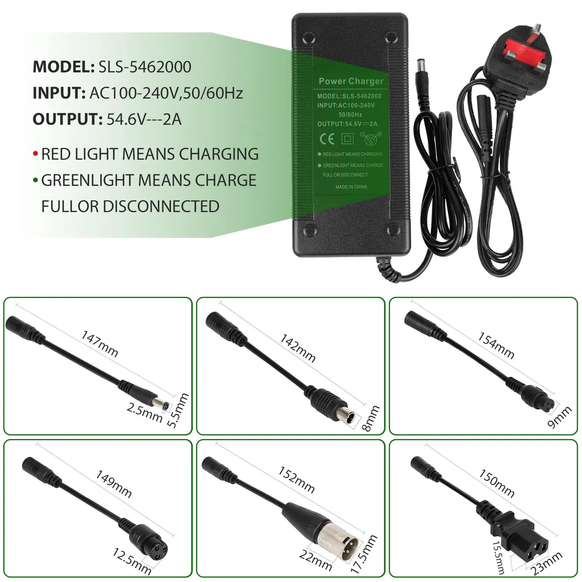Chargeur Trotinette Electrique，54,6V 2A Chargeur Hoverboard, Chargeur Universel pour Batterie Lithium 48V avec 6 Connecteurs，Charge Rapide pour Hoverboard，E-Bike，Scooter électrique