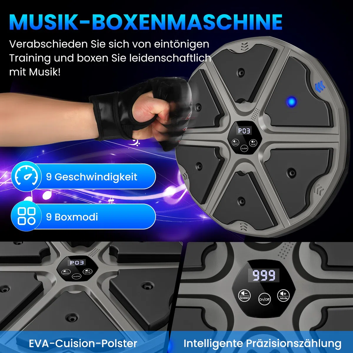 Music Boxing Machine à musique électronique LED avec gants de boxe, 9 modes de vitesse et mode de comptage Prise en charge Bluetooth, cadeau pour adultes et enfants Exercise