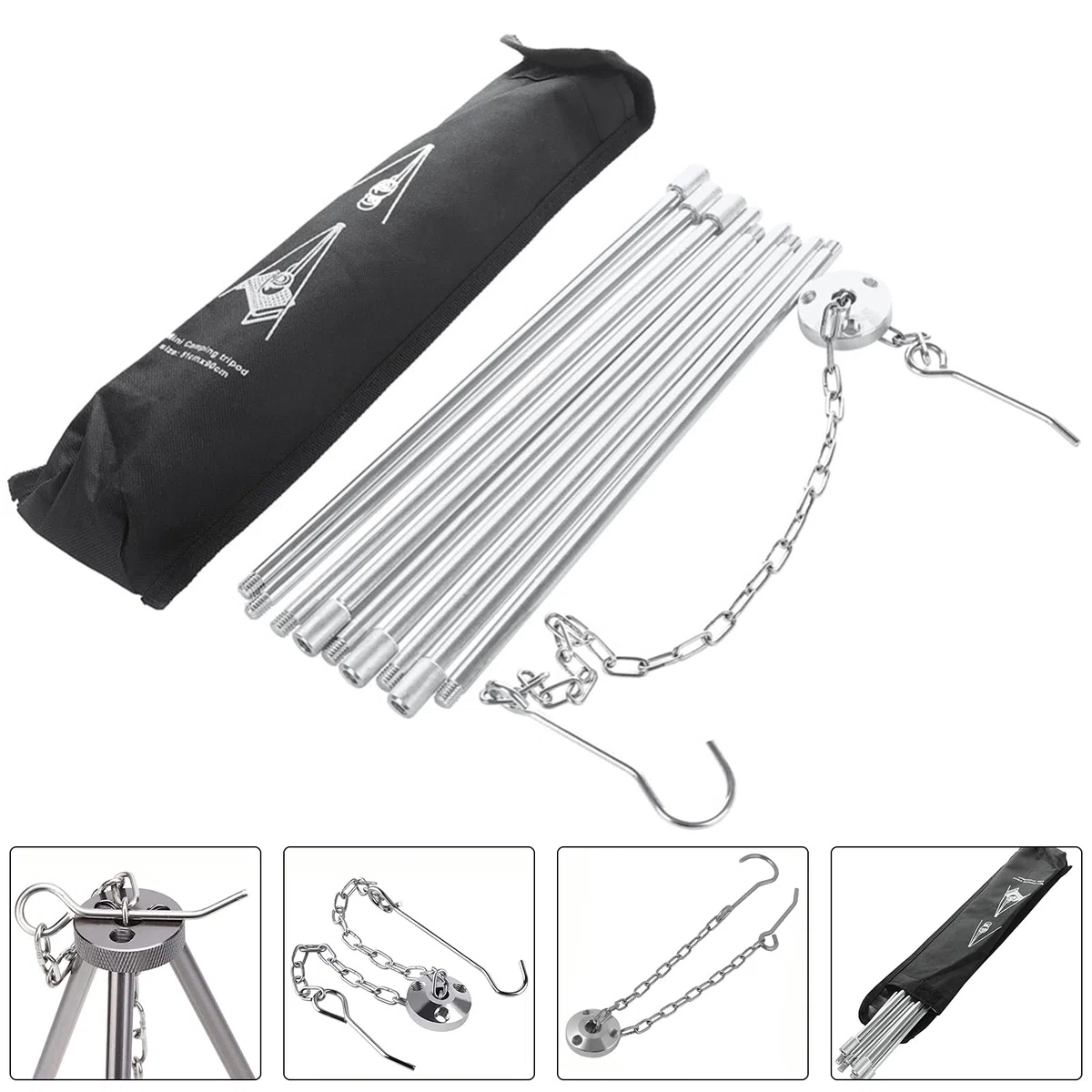 Trépied de barbecue Yearninglife, pour feu de camp et activités de plein air, avec chaîne et crochet, hauteur réglable, stable et résistant