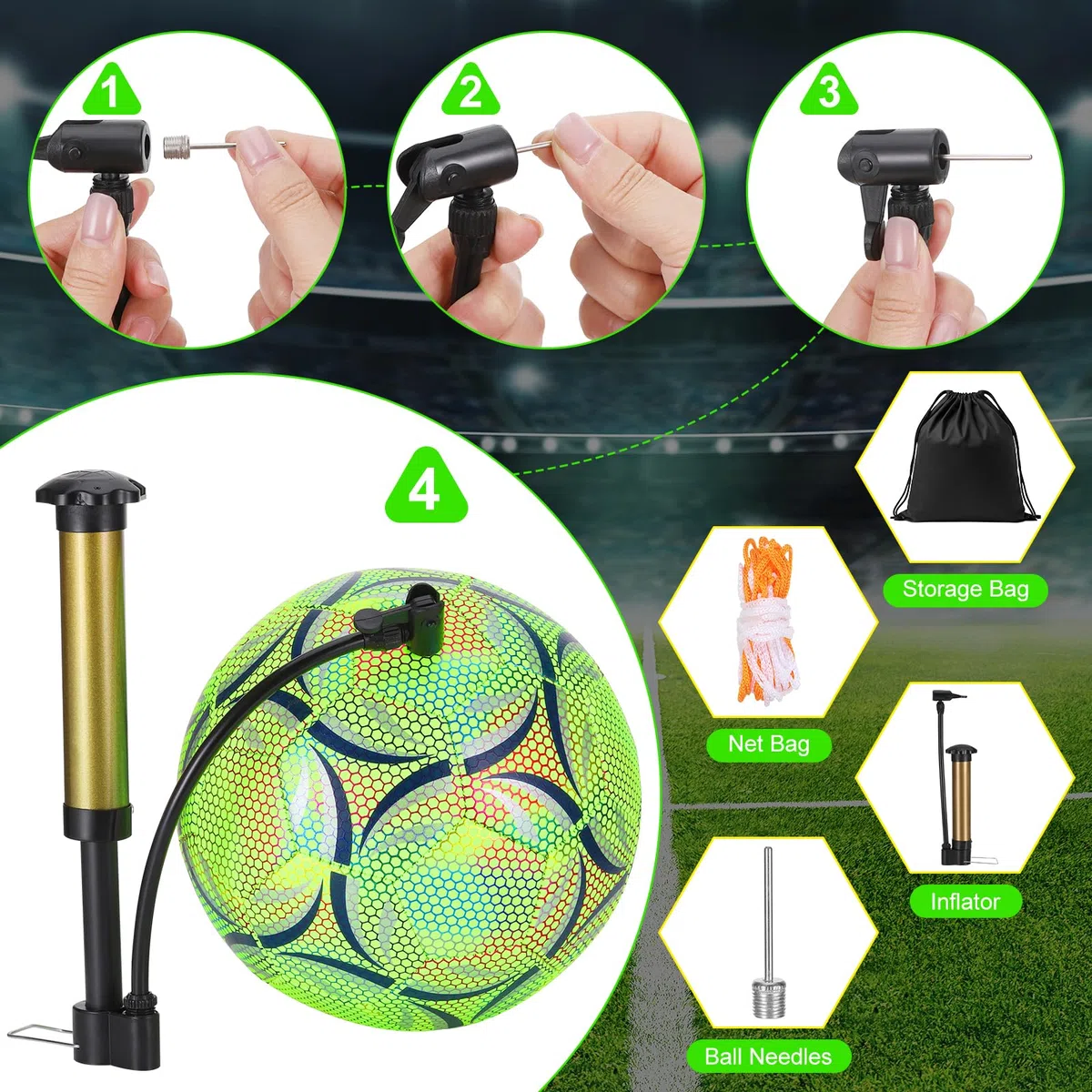 Ballon de Football en Fluorescence, Taille 5 Ballon de Football Lumineux avec Pompe et Sac de Rangement, Enfants et Jeunes et Adulte Ballon de Match de Football