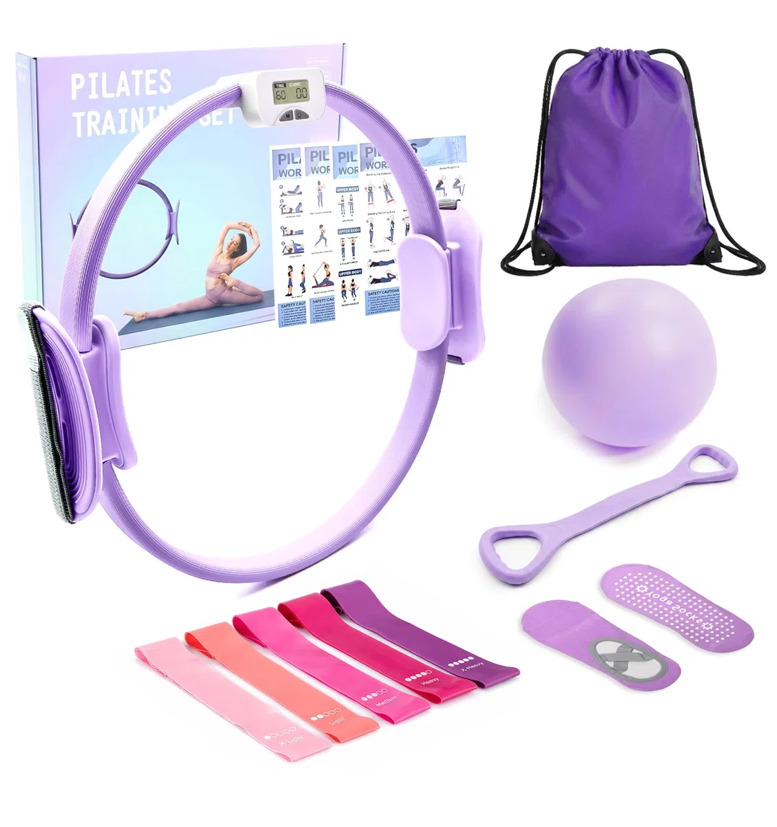 MaxU Pilates Kit pour Femmes Anneau avec Compteur, Cercle 35cm,Ballon,Bandes & Chaussettes.Équipement Complet idéal pour débutants à Domicile.Renforcez Votre Corps avec ce Set Polyvalent.
