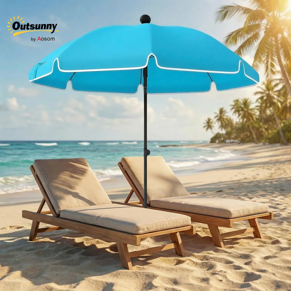 Outsunny Sonnenschirm Strand Ø150 cm Strandschirm mit Sonnenschutz wasserabweisend Balkon-Schirm mit Sandanker verstellbarer Neigung Tragetasche faltbar Gartenschirm für Reisen Strand Camping