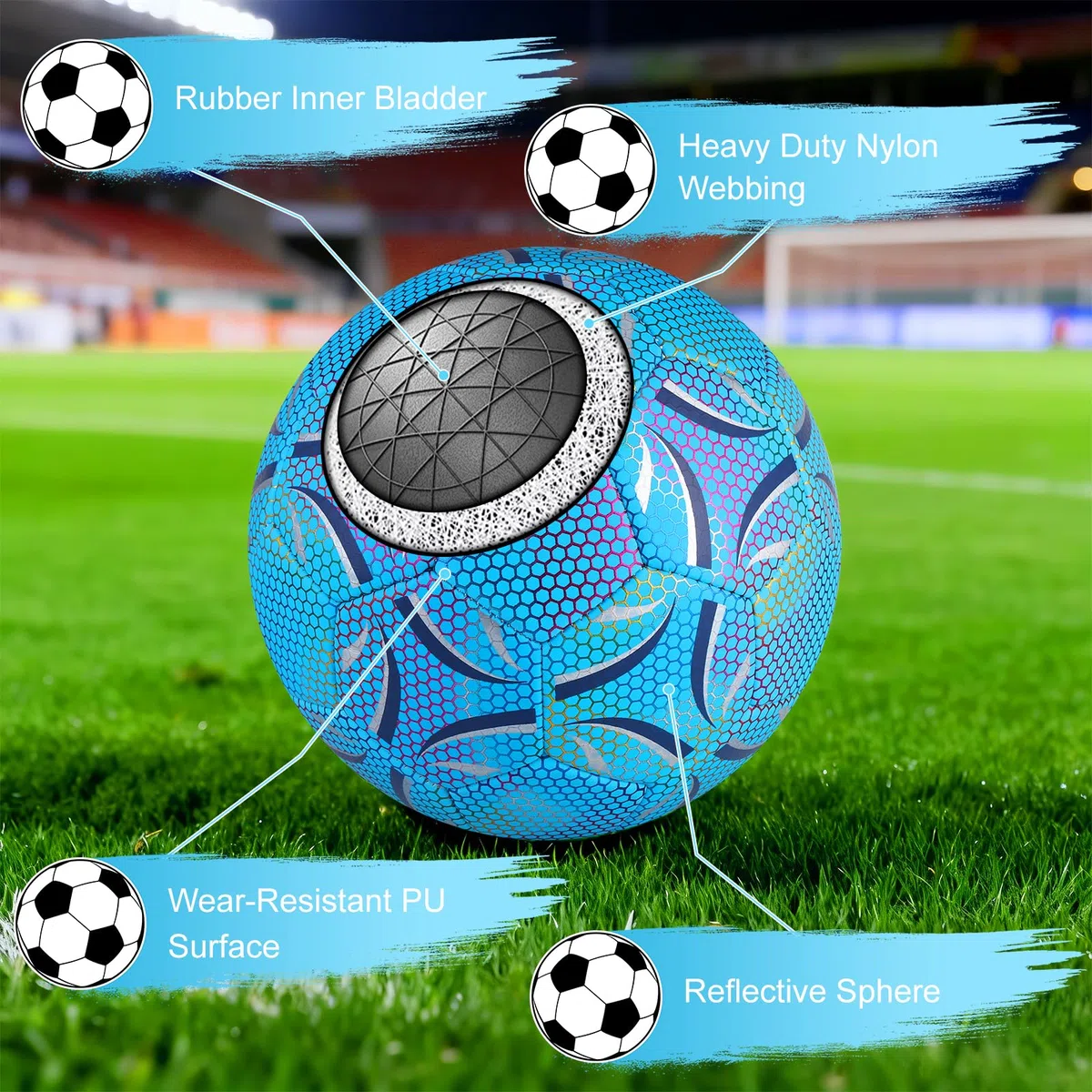 Ballon de Football en Fluorescence, Taille 5 Ballon de Football Lumineux avec Pompe et Sac de Rangement pour Jeux Nocturnes Entraînement, Jeunes et Adulte Ballon de Match de Football(Bleu)