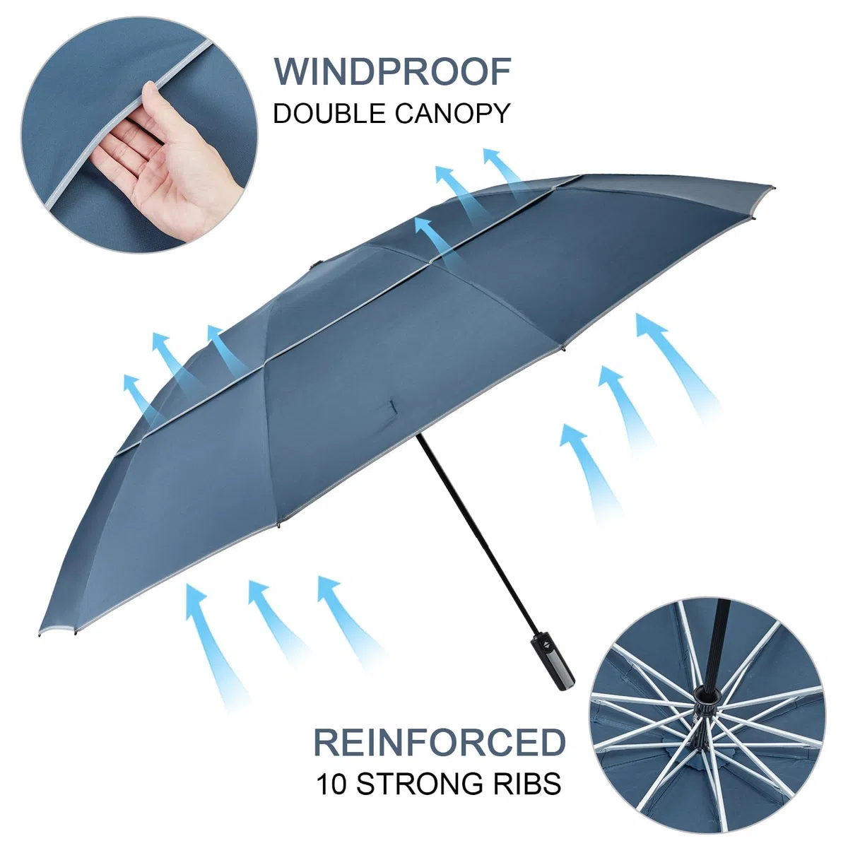 G4Free Parapluie pliable de 157,5 cm avec bande réfléchissante à 10 baleines, grand parapluie de golf de voyage, parapluie inversé, coupe-vent, double auvent à ouverture automatique