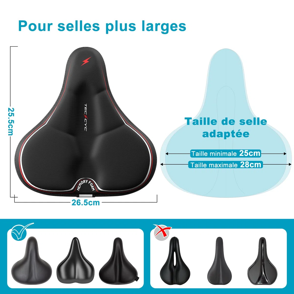 TECHCYC Housse Selle vélo avec Coussin de siège de vélo en Mousse à mémoire de Forme Double Couche, Coussin de siège de vélo Ergonomique pour Femmes et Hommes