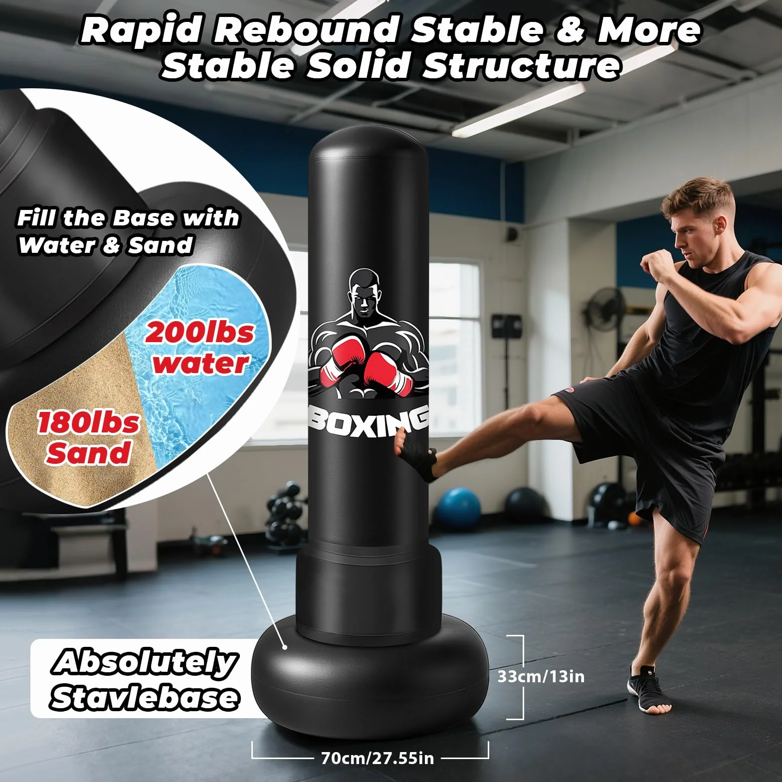 Sac de Frappe Adultes, 180cm Gonflable Punching Ball avec Gants Pompe à Air, Sac de Boxe sur Pied Enfants pour MMA Karaté Fitness Equipement de Boxe Idéal Cadeau Femmes et Hommes