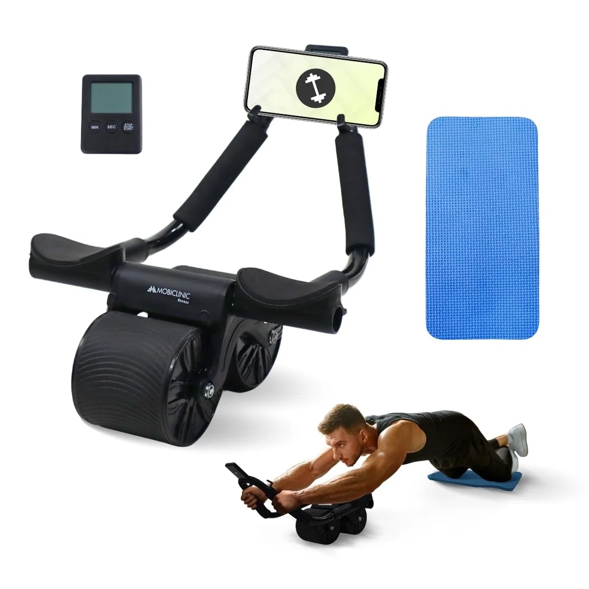 Mobiclinic®, Roue abdominale avec rebond automatique, Ab roller, Appui-coude, Minuterie numérique, Tapis antidérapant, Double, Support pour téléphone portable, Ra-02, Home gym, Fitness