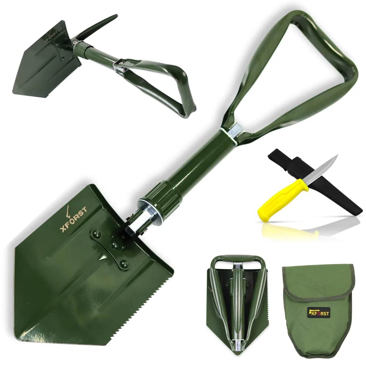 Xforst Set : Pelle Pliante KS1 Multifonction (Pelle et Pioche) avec Étui + Couteau de Survie X-K9.4 – Idéale pour Camping, Survie, Jardinage et Outdoor
