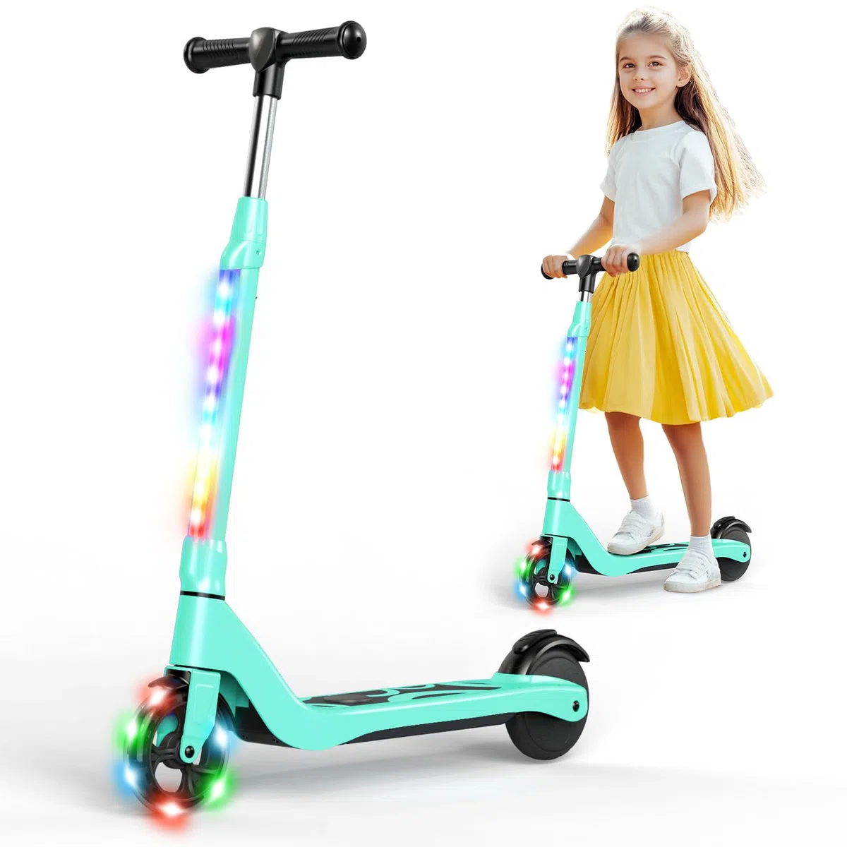SISIGAD Trottinette Electrique Enfant 6-8-10 Ans Scooter Électrique 5.3 Pouces avec Lumière LED Colorée & 3 Hauteurs Ajustables, Trottinette Enfant Vitesse Max 10 Km/h Charge Max 70Kg Autonomie 4KM