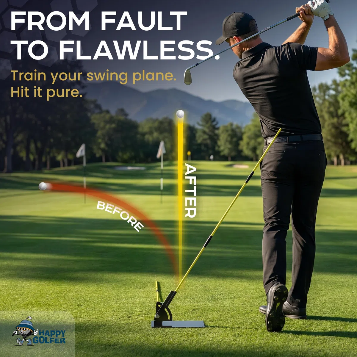 Happy Golfer Entraîneur de swing de golf pour avion de swing et alignement | Plaque avec deux bâtons d'alignement | Pour perfectionner votre swing de golf avec plusieurs exercices d'entraînement |
