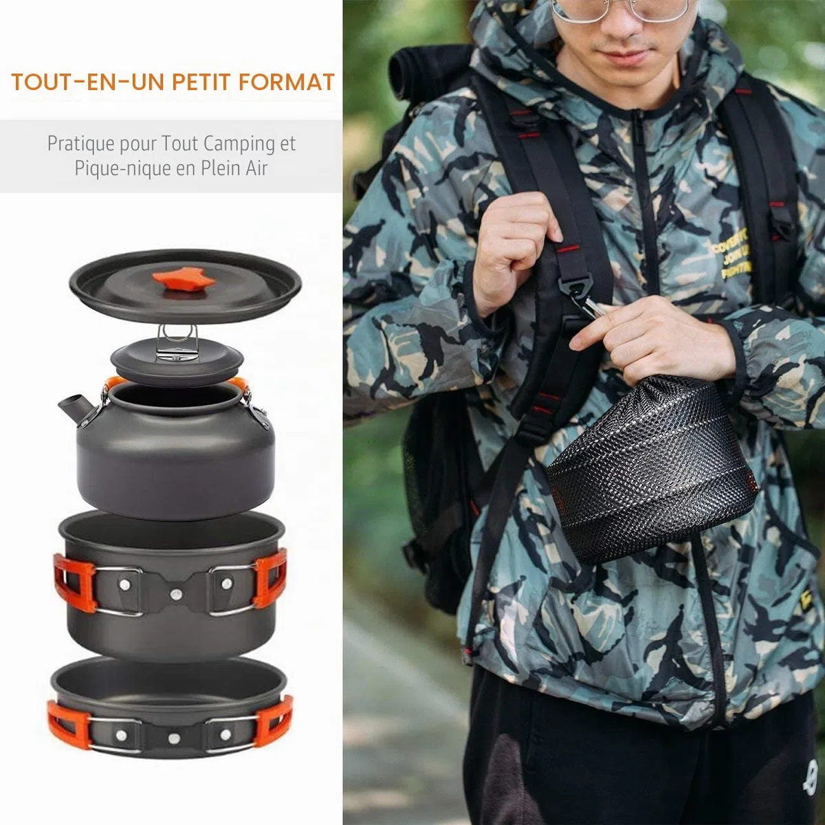 OVERMONT Kit de Casseroles Camping 14pcs Poêlé Set en Aluminium Durable, Ensemble Gril Pot Pratique de Pique-Nique avec Cafetière Théière pour Randonnée