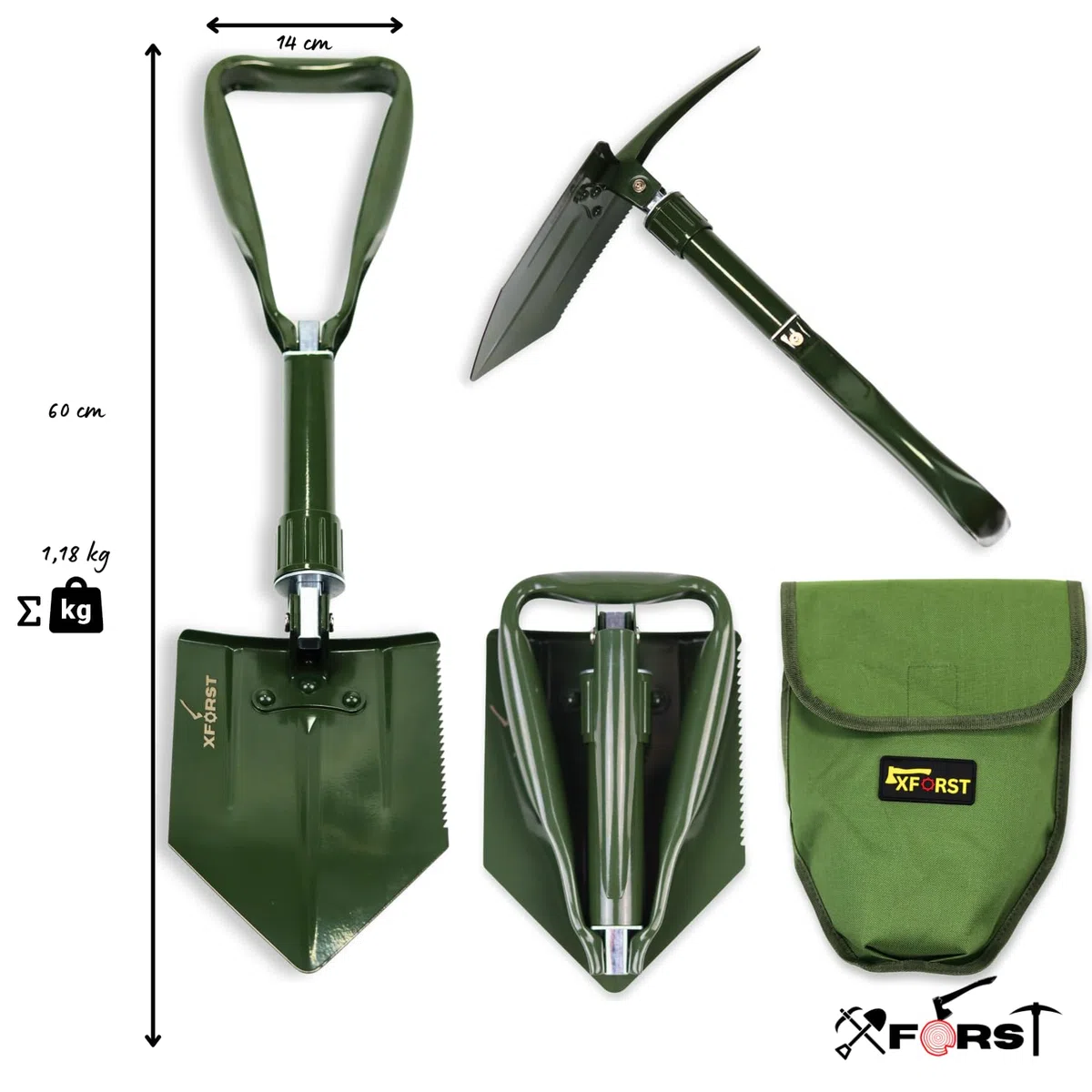 Xforst Set : Pelle Pliante KS1 Multifonction (Pelle et Pioche) avec Étui + Couteau de Survie X-K9.4 – Idéale pour Camping, Survie, Jardinage et Outdoor
