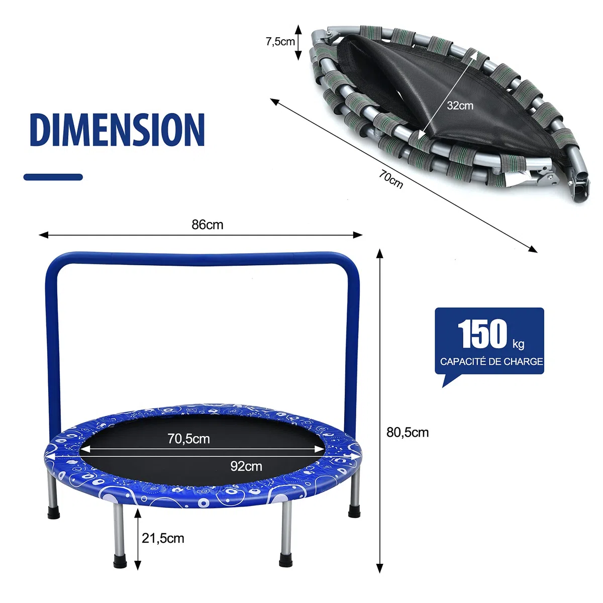 COSTWAY Trampoline de Fitnesse Enfants Pliable 92 cm, avec Housse de Sécurité Matelassée et Poignée Recouverte pour Intérieur Charge maximale 150 KG, Bleu