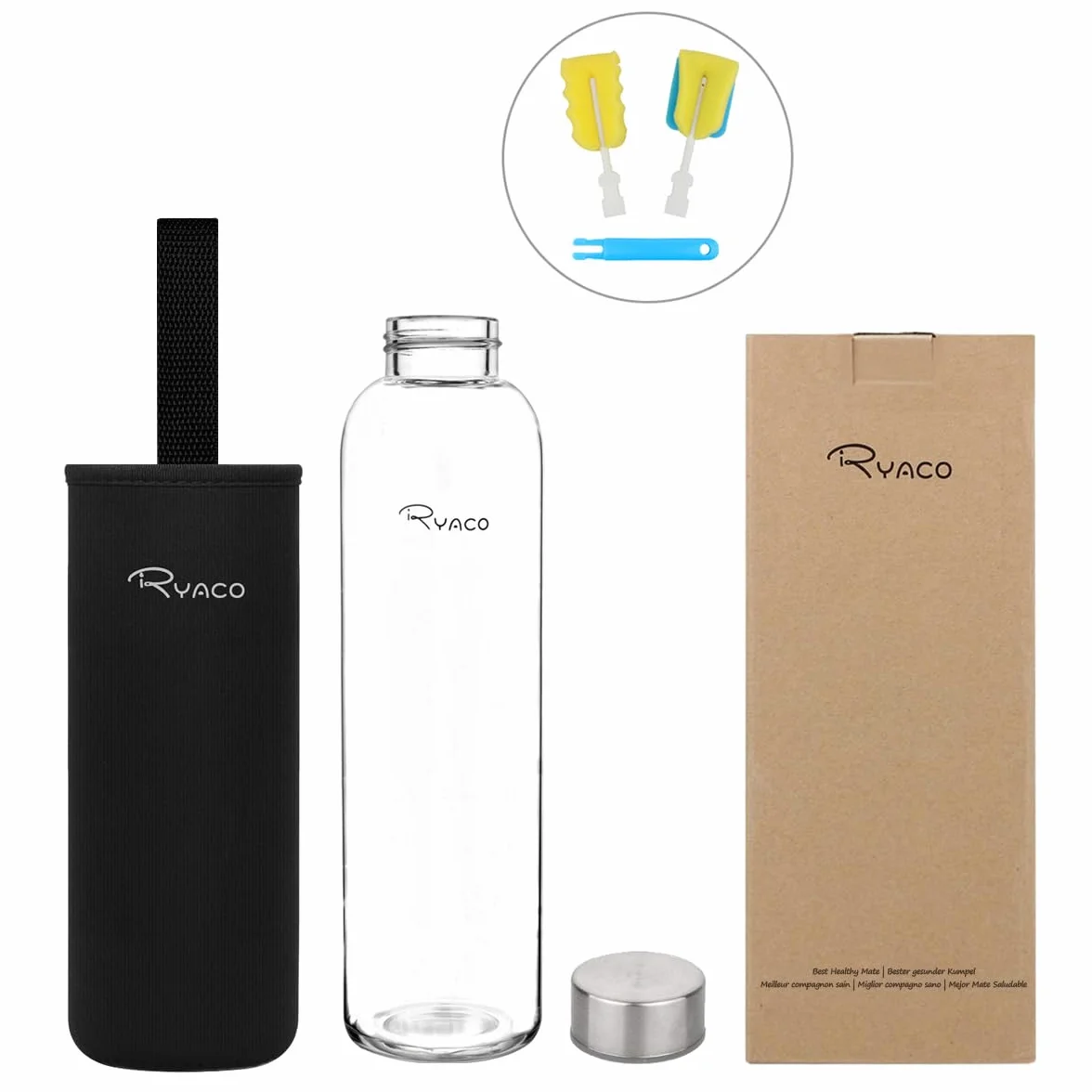 Ryaco Bouteille d'eau en verre de 1000ml/33oz sans BPA– Bouteille en borosilicate anti-fuite–Idéale pour maison, les voyages, le sport, le yoga, la gym, les boissons chaudes et froides avec