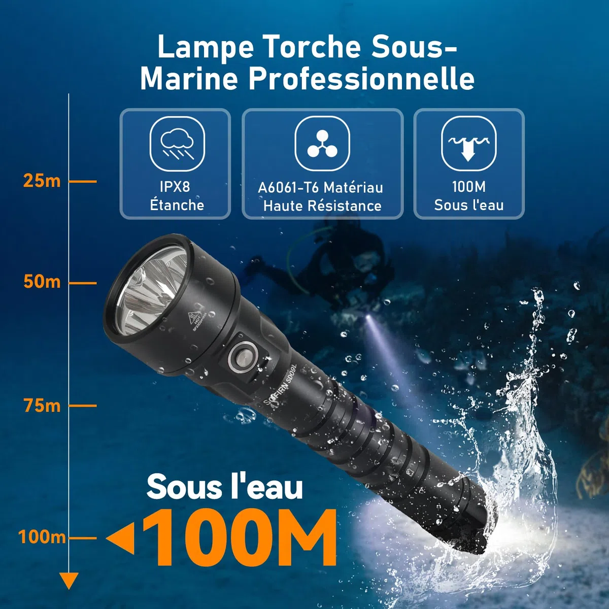 Sofirn SD09L Lampe de poche LED de plongée, 6800 lumens, IPX8, sous-marine, 100 m, 3 LED SST40 avec batteries rechargeables