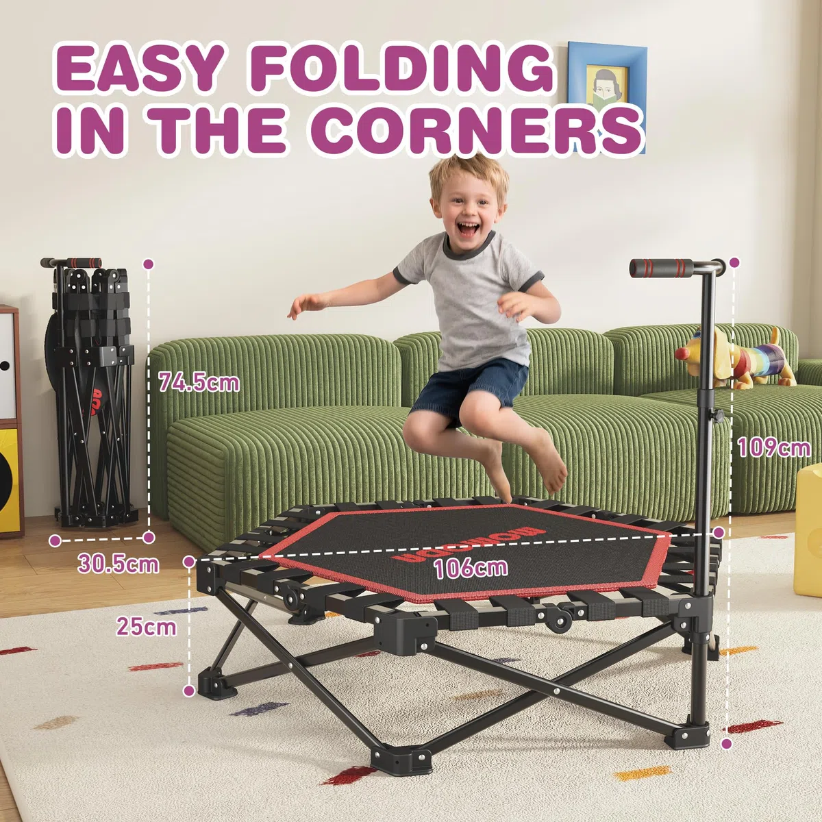 MOMODA Mini Trampoline de 76,2 cm/114,3 cm pour Enfants et Adultes, Trampoline d'exercice Pliable avec poignée, Charge maximale de 90,7 kg