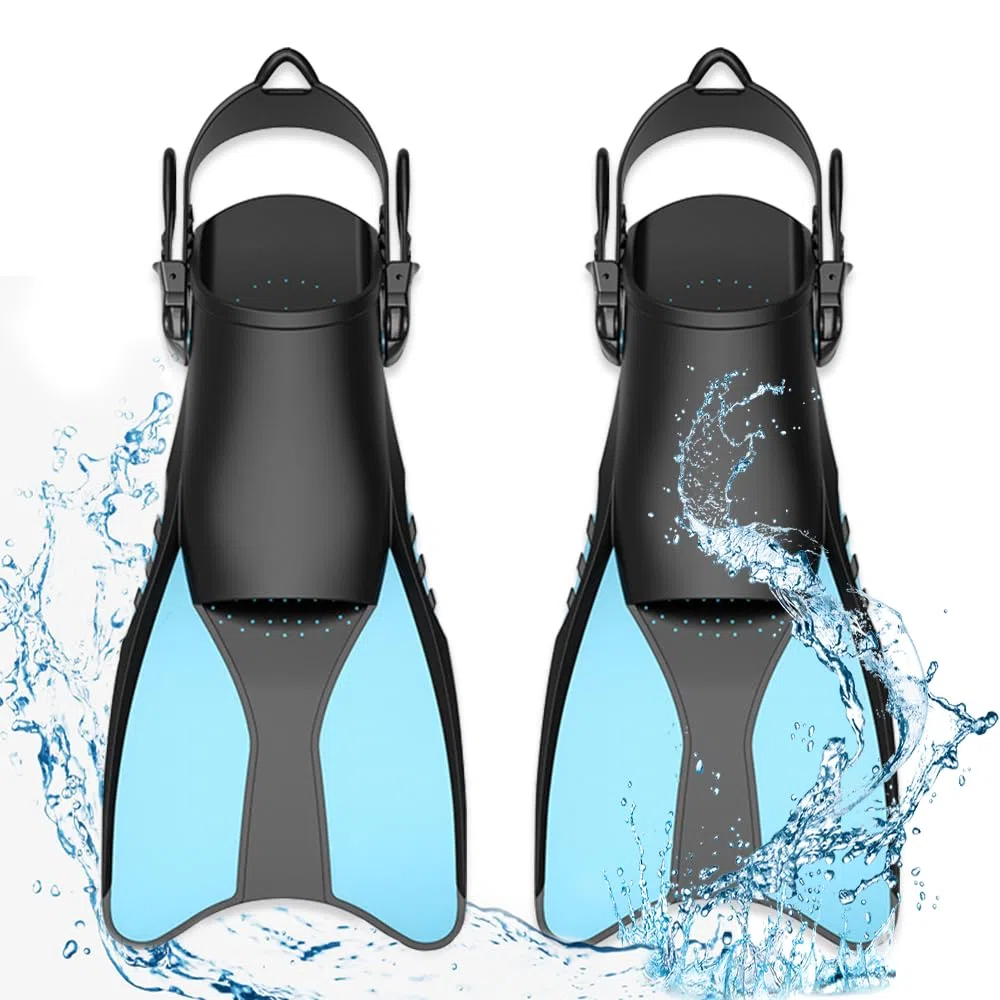 Palmes de plongée, Palmes Courtes Réglables, Palmes Natation Piscine, Palme réglables, Souples Silicone pour Adultes Hommes et Femmes - Bleu Clair