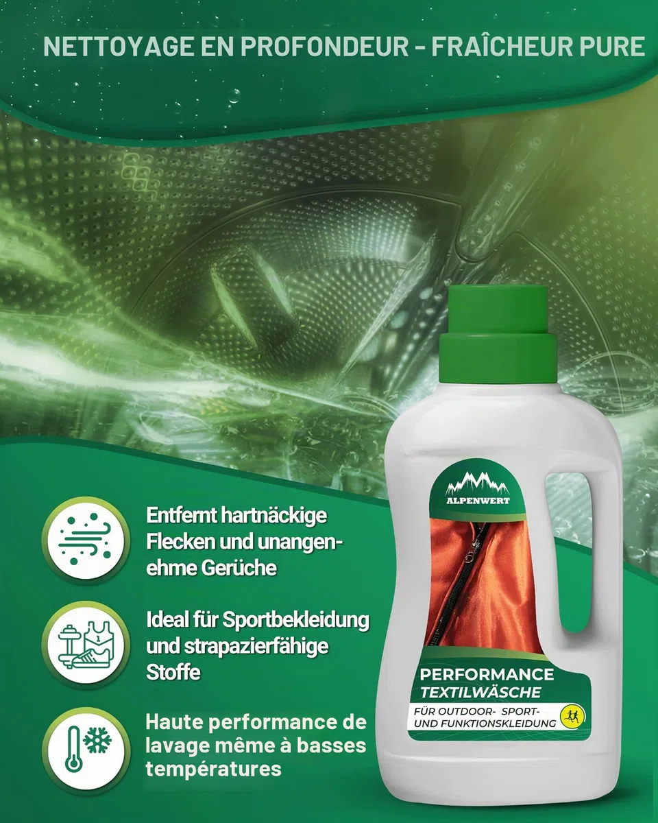 ALPENWERT Imperméabilisant 500 ml + lessive 500 ml [Fabriqué en Allemagne] – Imprégnation de lavage & lessive de sport pour vêtements d'extérieur, de ski et de fonction – Gore-tex UVM Impränier