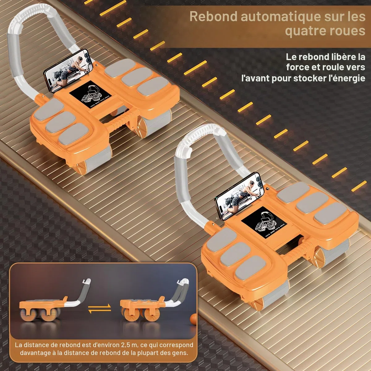 Roue Abdominale,automatique roue abdominale avec support coude Appareil d'entraînement abdominal à rebond automatique,4 roulettes,musculation,Avec support pour téléphone portable