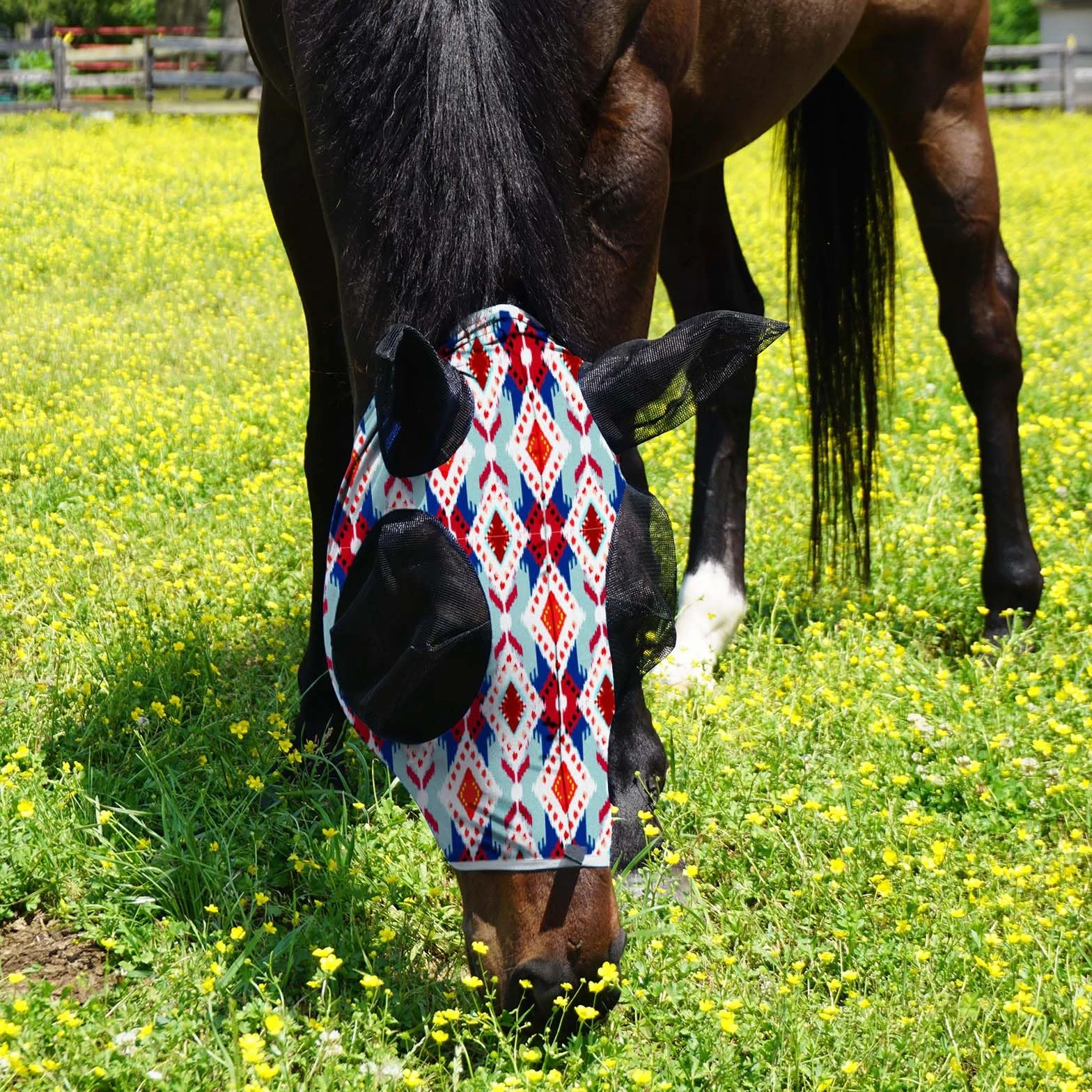 Harrison Howard Masque Anti-Mouches élastique pour Cheval - Confort Exceptionnel avec Protection UV - Masque Standard pour Cheval - Tribal Abstrait