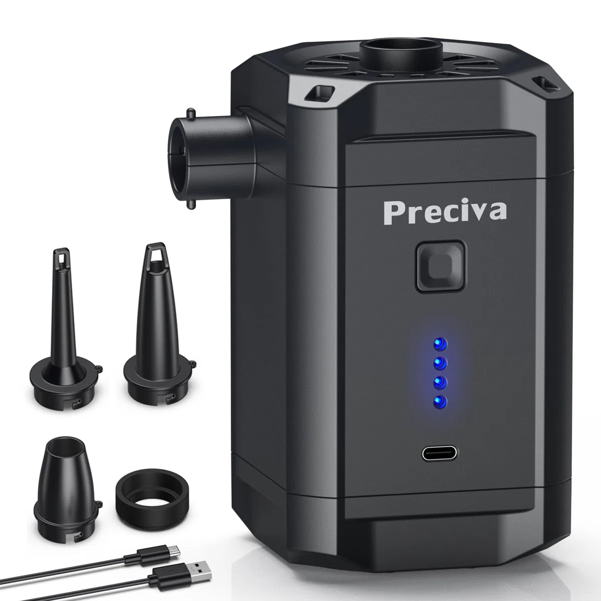 Preciva Pompe à air électrique, 5200 mAh, pompe électrique avec gonflage/dégonflage rapide, pompe électrique portable rechargeable de 280 l/min, avec 4 buses pour piscine, piscine pour enfants, bateau