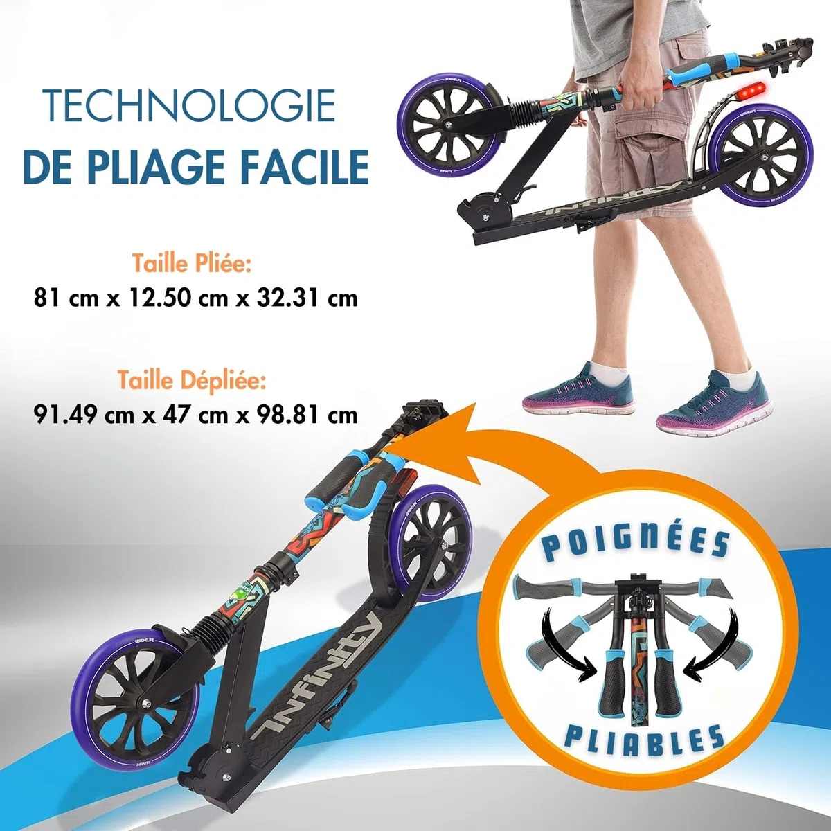 Serenelife Trottinette Freestyle, Trottinette Adulte et ado - Hauteur Réglable, Scooter Tout Terrain avec Grande Roues et Suspension, Manœuvre Facile et Pliable