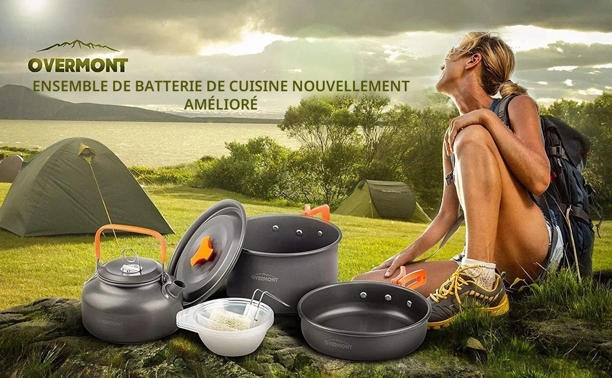 OVERMONT Kit de Casseroles Camping 14pcs Poêlé Set en Aluminium Durable, Ensemble Gril Pot Pratique de Pique-Nique avec Cafetière Théière pour Randonnée