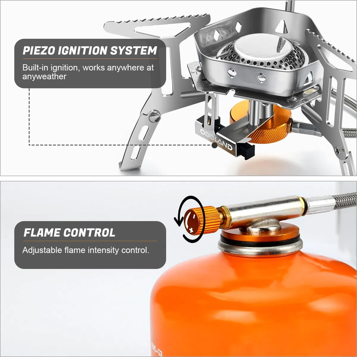 Odoland Réchaud de Camping à Gaz 3500 W, Brûleur , Poêle Ultra-Léger Cuisinière Extérieur Pliable, Coupe-Vent et avec Allumage Piézo-électrique pour Randonnée/Pique-Nique, Boîte Rouge