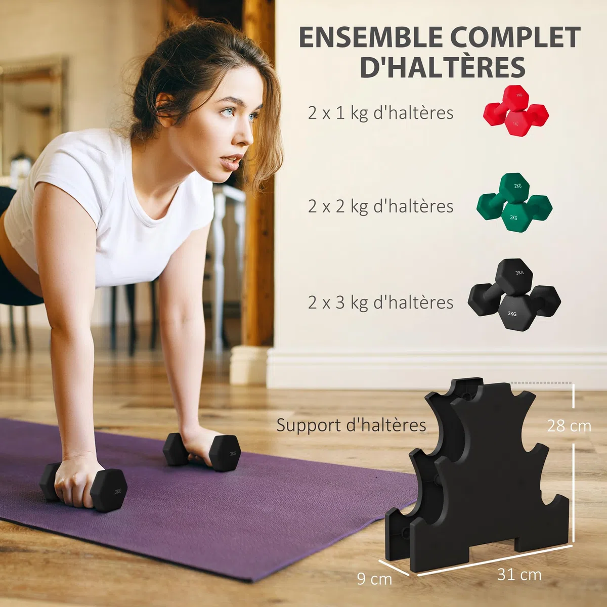 SPORTNOW Ensemble d'haltères hexagonaux courtes total 12 Kg - support d'haltères incluses - pour la musculation, 6 haltères - 2 x 1kg, 2 x 2kg, 2 x 3kg
