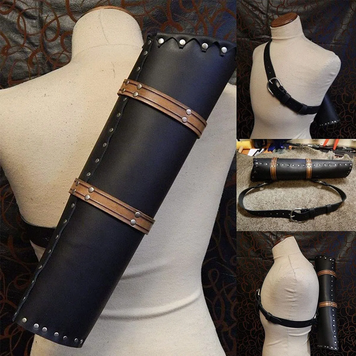 Accessoires de Costume de Cosplay Médiéval, Rivet Décoration Cylindre Cuir Épaule-Dos Grande capacité Carquois Porte-flèche pour Arc à poulies Tir à l'arc Chasse
