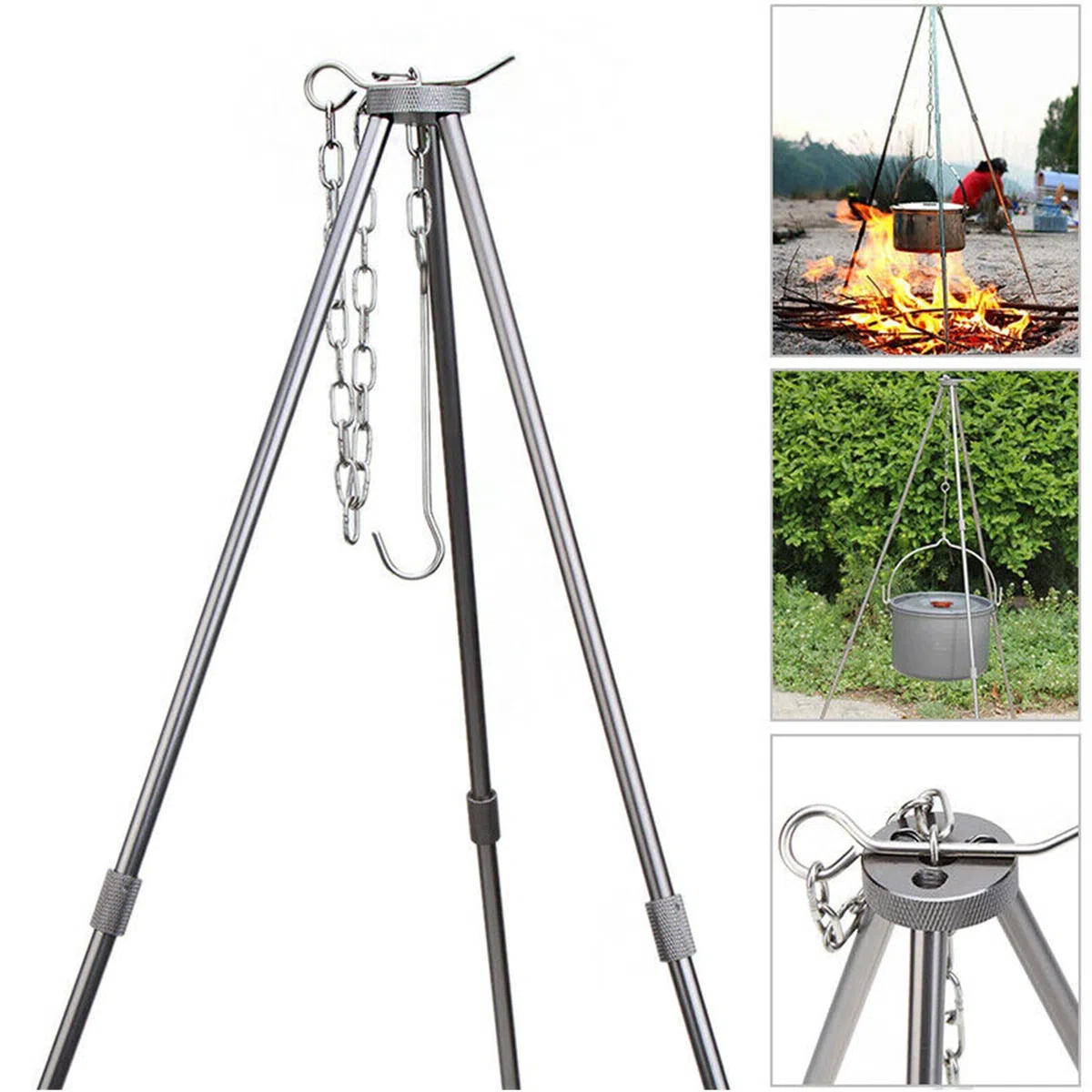 Trépied de barbecue Yearninglife, pour feu de camp et activités de plein air, avec chaîne et crochet, hauteur réglable, stable et résistant