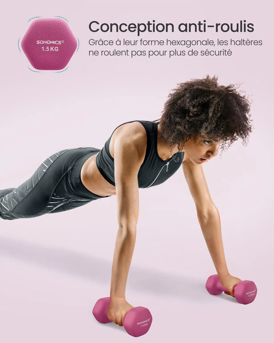 SONGMICS Lot d'haltères hexagonaux courts avec support d'haltères, finition mate, revêtement en néoprène, pour la musculation, à la maison