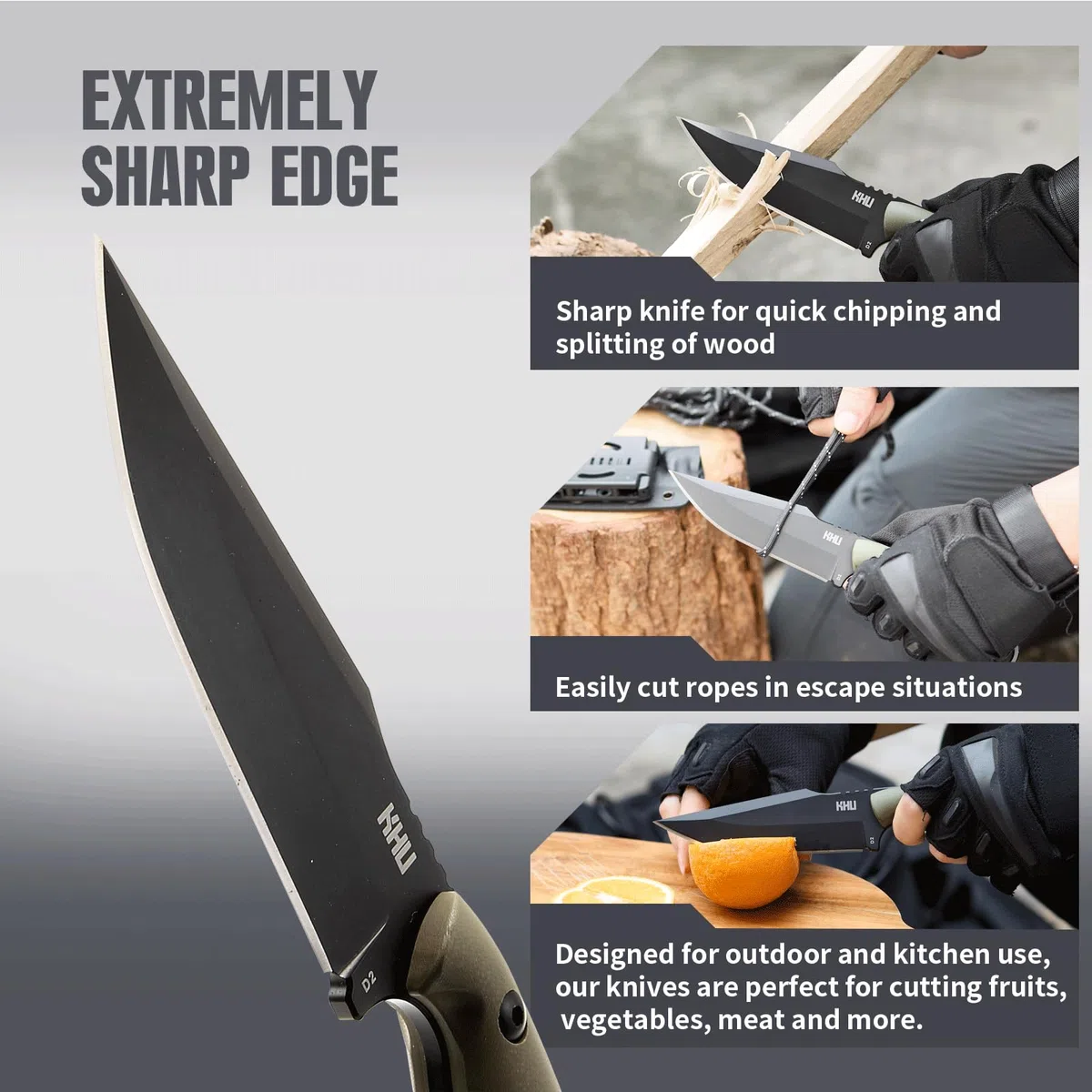 KHU Couteau à lame fixe Outdoor Couteau - Acier D2 G10 poignée, Camping Accessoires - Avec étui Kydex - 17A