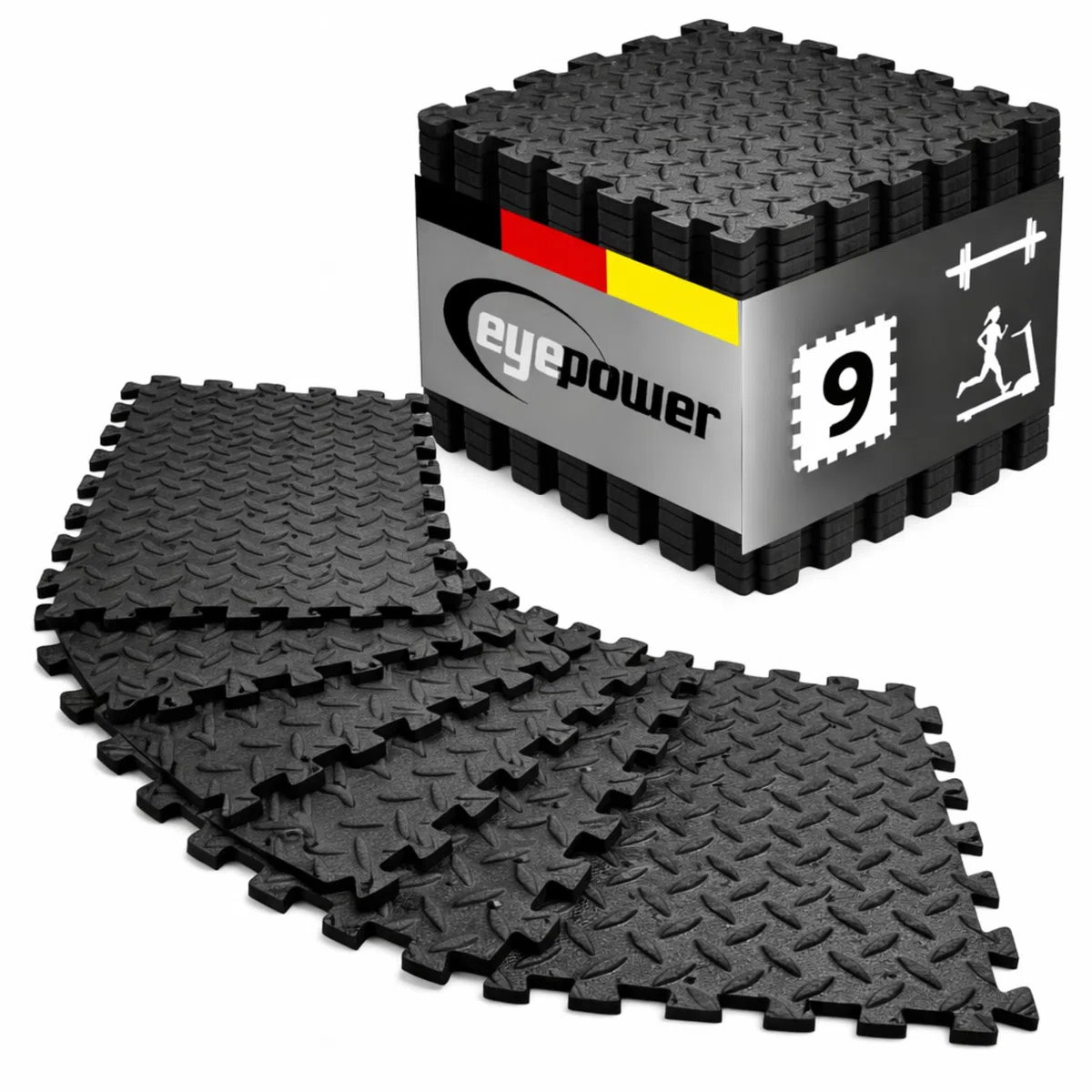 EYEPOWER Protections Sol en Mousse EVA 10mm d'épaisseur Tapis Puzzle de Fitness Sport composé de 9 Fragments Dimension Globale 0,81qm Extensible Noir
