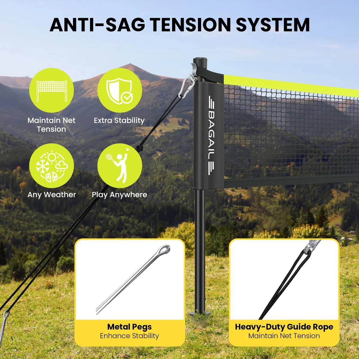 BAGAIL Filet de Badminton pour l'extérieur -Taille Officielle 20ft x 5ft, 4 Raquettes, 3 Balles de Badminton, Filet PE durable et Sac de Transport pour l'arrière-cour, la Plage et les Jeux en Famille.