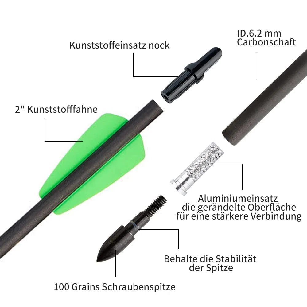Huntingdoor Flèches en Carbone à Boulon d'arbalète de 7,5 "avec Pointe de flèche remplaçable et flèche de Chasse à l'arc à ailettes en Plastique de 2" pour arbalète Adder Cobra System