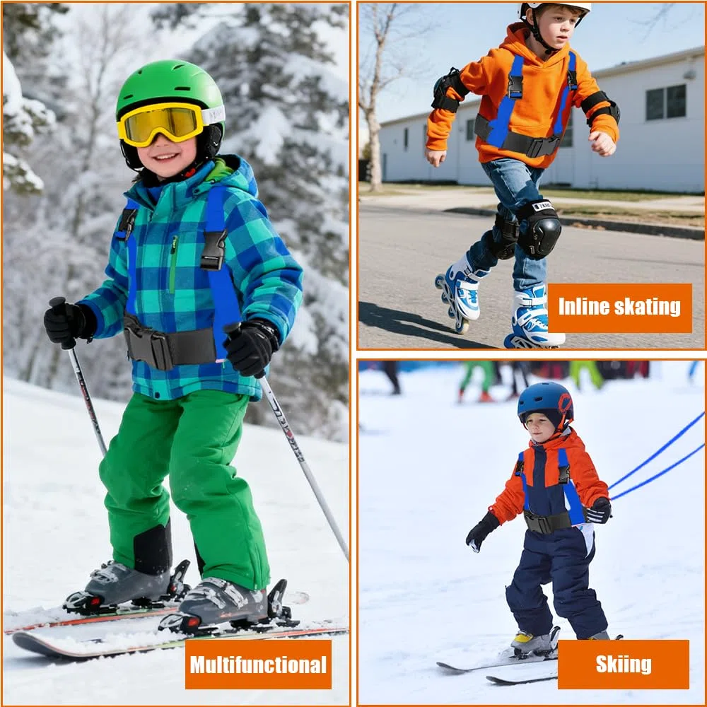 Harnais d'entraînement de Ski, Harnais de Ski et de Snowboard pour Enfants Harnais Ski avec Laisse et Sac Amovibles Accessoires de Ski pour Enfant Garçon Fille Débutant, Bleu