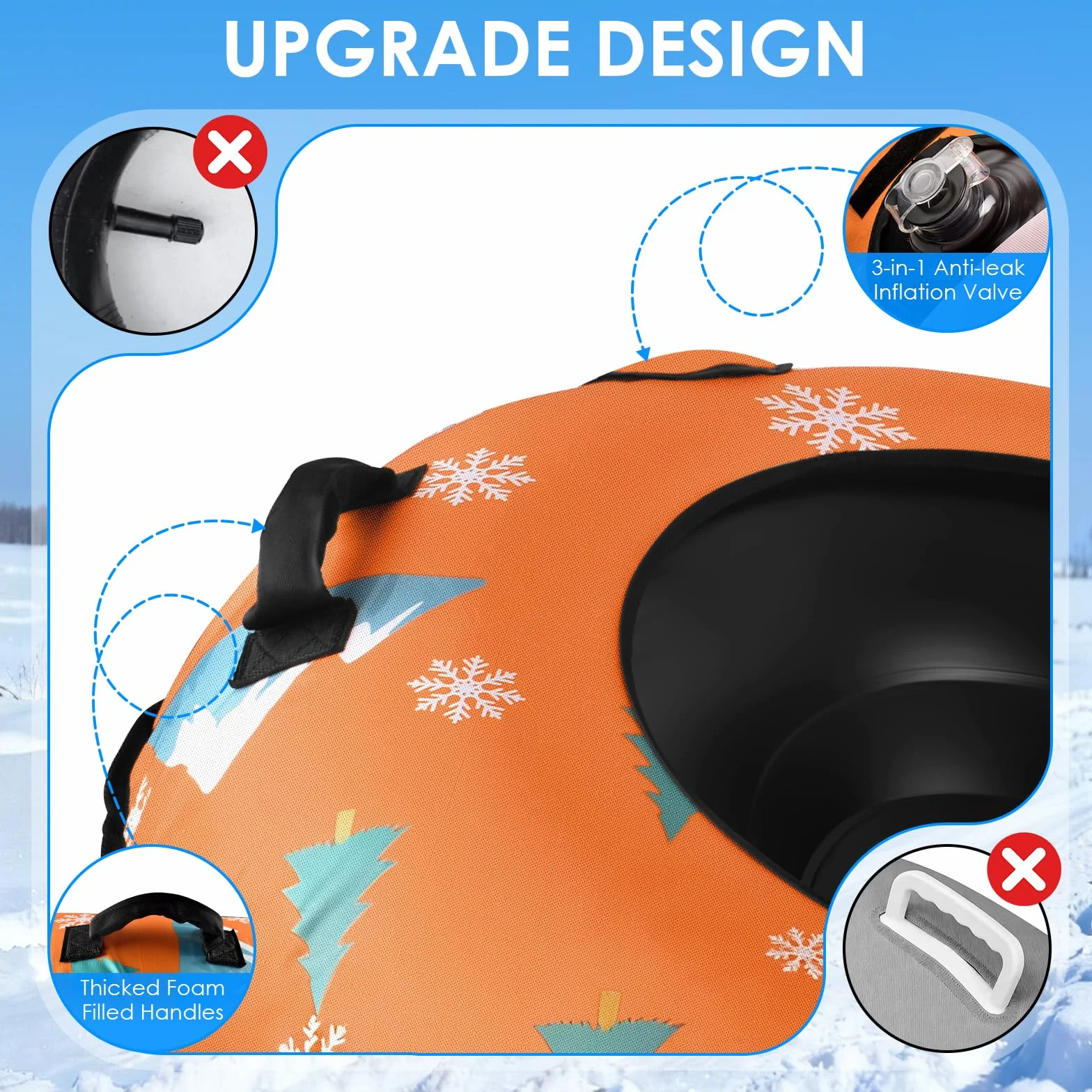 BROTOU Snow Tube, Luge Rodel Pneus Luge Neige Pneus de Luge 122cm/30.5 Pouces avec 2 Patchs de Réparation, Poignées et Housse en Toile Luges Gonflables pour Sports d'Hiver en Plein Air